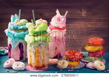 Freakshakes with donuts and candy floss