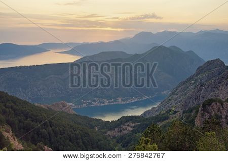 Beautiful  Mountain Landscape At Sunset.  Montenegro, View Of Bay Of Kotor And Vrmac Mountain