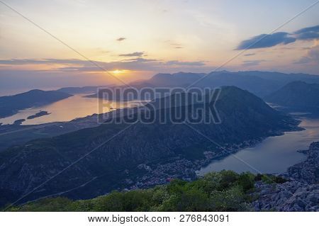 Beautiful Mediterranean Landscape At Sunset. Montenegro. View Of Bay Of Kotor And Vrmac Mountain - M