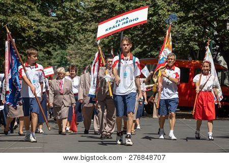 Prague, Czech Republic - July 1, 2018: People Parading At Sokolsky Slet, A Once-every-six-years Gath
