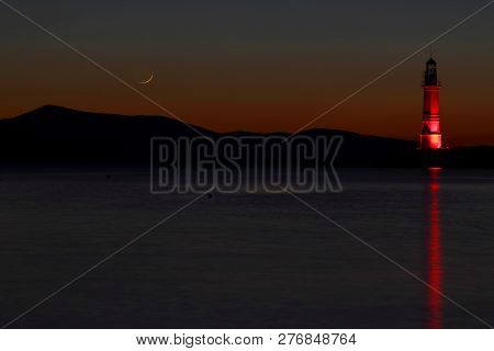Seaside Town Of Turgutreis And Spectacular Sunsets. With New Moon.
