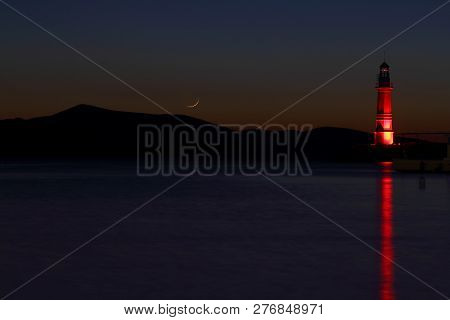 Seaside Town Of Turgutreis And Spectacular Sunsets. With New Moon.