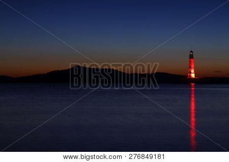 Seaside Town Of Turgutreis And Spectacular Sunsets. With New Moon.