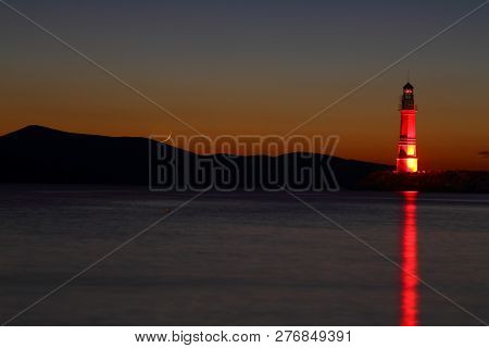 Seaside Town Of Turgutreis And Spectacular Sunsets. With New Moon.