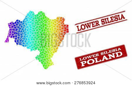 Spectrum Dotted Map Of Lower Silesia Province And Red Grunge Stamps. Vector Geographic Map In Bright