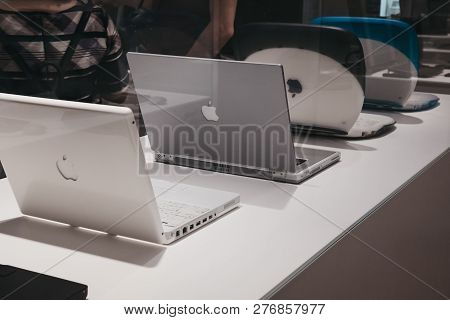 Prague, Czech Republic - August 28, 2018: Family Of Ibooks On Display Inside Apple Museum In Prague,
