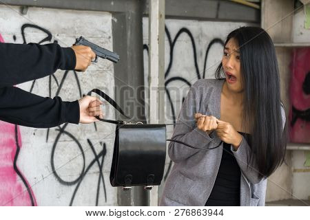 Man Theif Threatening With Gun And Stealing Young Woman Bag