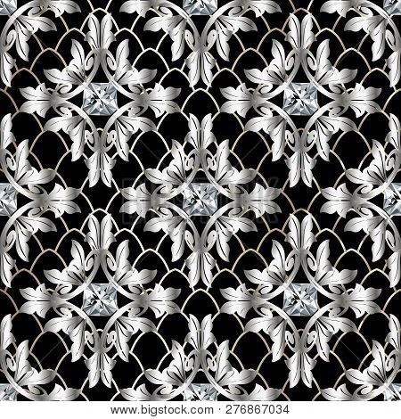 Baroque 3d Vector Seamless Pattern. Vintage Antique Floral Silve