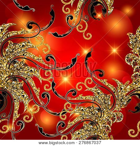 Gold Glitter Vintage Floral Baroque Vector Seamless Pattern. Bri