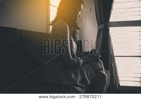 Asian Women Sitting In Livin Groom At Home,female Feeling Headache And Confused Problem In Personal 