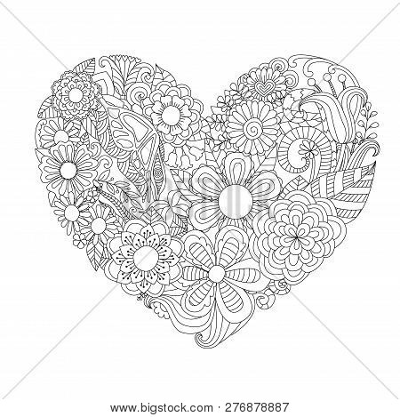 Flowers,leafs In Hearted Shape For Print And Adult Coloring Book,coloring Page, Colouring Picture An