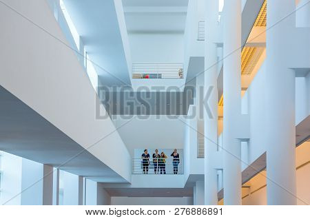 Barcelona, Spain - September 29, 2012:  People Between The Modern Architectures Of The Macba (contem