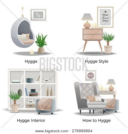 Scandinavian Hygge Style Concept 4 Cozy Interior Design Compositions With Candles Comfortable Readin