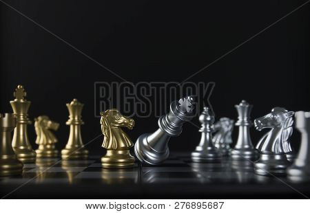 Chess (knight Or Horse Wins The Game) On Black Background. Success, Business Strategy, Tactics, Win,