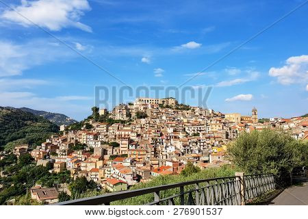 View Of San Piero Patti, A Beautiful Village In The Nebrodi Mountains Park In Sicily, Province Of Me