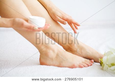 Hair Removal. Close Up Woman Hands Touching Long Legs, Soft Skin