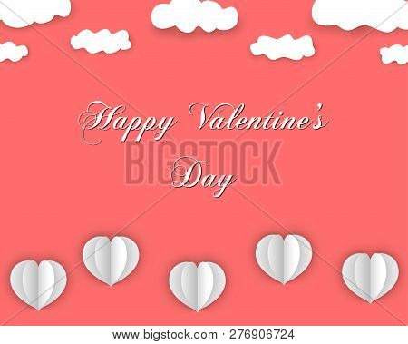 Happy Valentines Day Design In Paper Style, With Flying Hearts And Clouds, On Coral Color Background