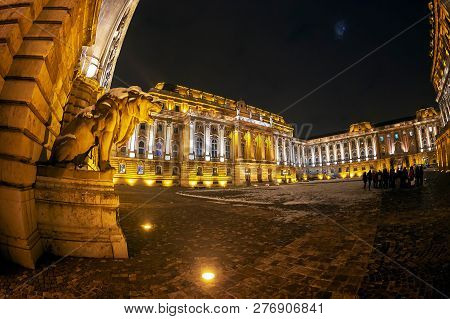 Budapest, Hungary - December 18, 2018: Buda Castle-royal Palace Inner Courtyard At Night. Was Built 