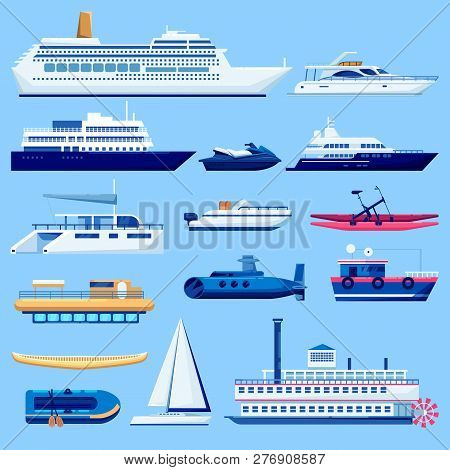 Water Vessel Transport Icons Set. Vector Flat Vehicle Illustration. Sail Boats, Cruise Ship, Yacht O