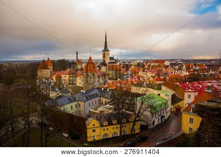 Estonia. Tallinn. Panorama Of The Old City Top View Of The Old Town. View Of The City From The Obser