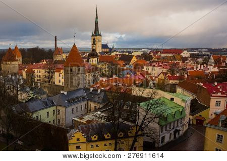 Estonia. Tallinn. Panorama Of The Old City Top View Of The Old Town. View Of The City From The Obser