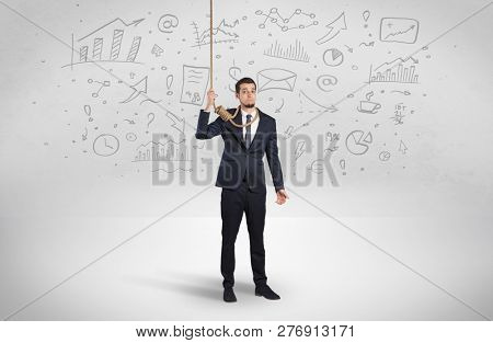 Young burnout businessman with flying documents concept