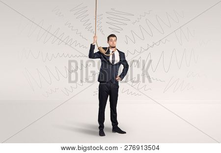 Hopeless young businessman trying to suicide with question signs concept