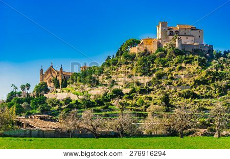 View Of Arta, With Parish Church And Pilgrimage Church, Mallorca Spain