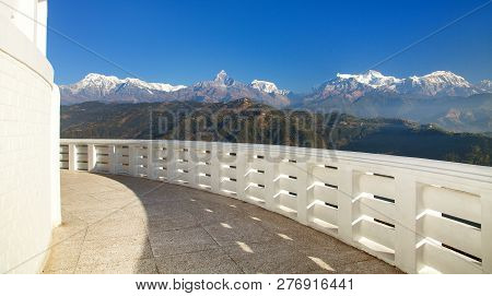 Annapurna View From World Peace Pagoda Or Stupa Near Pokhara Town, Mount Annapurna Range, Nepal Hima