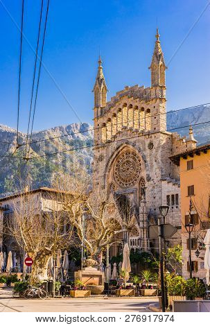 Beautiful View Of Sant Bartomeu Church In Soller On Majorca Island, Spain