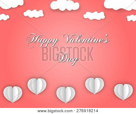 Happy Valentines Day Design In Paper Style, With Flying Hearts And Clouds, On Coral Color Gradient B