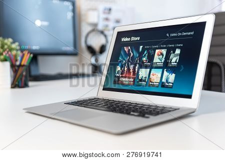 Vod Service On Laptop. Video On Demand, Watching Tv Series, Streaming Media, Multimedia Subscription
