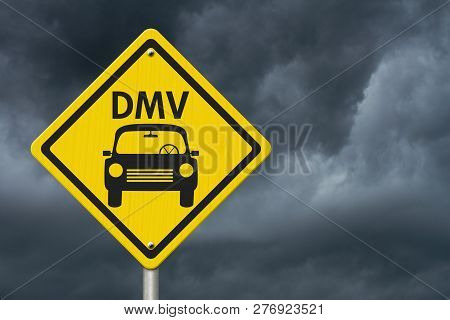 Visit To The Dmv Highway Warning Sign, Icon Of A Car And Text Dmv On A Yellow Highway Sign With Stor
