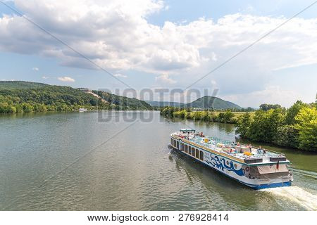 Donaustauf, Bavaria, Germany - July 27, 2018 : Furstin Gloria Ship With Tourists Sails On Danube Riv