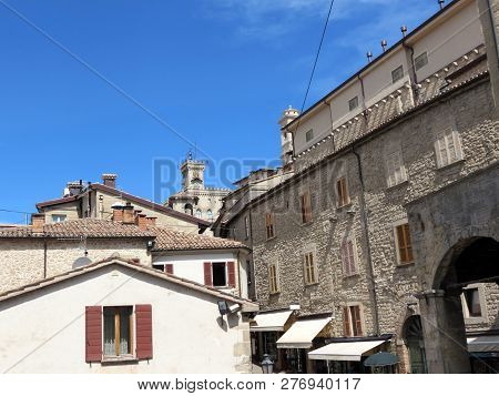 View Of Narrow Medieval Streets And Palazzo
 Publico, San Marino, Italy