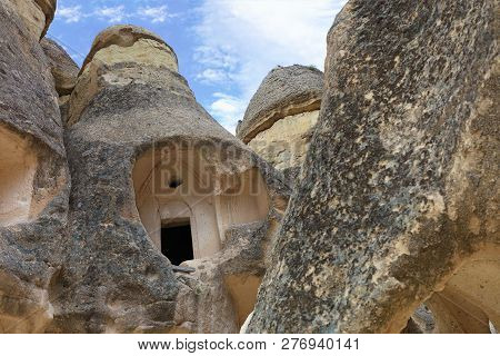 View Of The Ruins Of Monastic Cells Felled In A Sandstone Mountain Range In The Valley Of Cappadocia