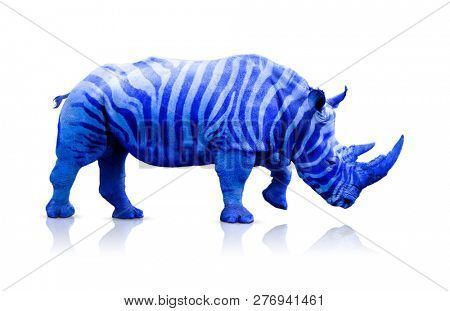Blue rhino with zebra lines over white, clipping path