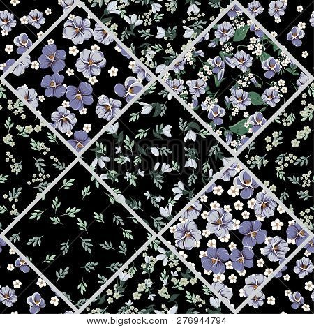 Seamless Colorful Pattern With Leaves And Bellflowers, Violet Leaves, Violaceous Flowers And Small W