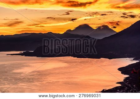 Sunrise Over Lake Atitlan & 3 Volcanoes. View From Indian Nose, San Juan La Laguna In Guatemalan Hig