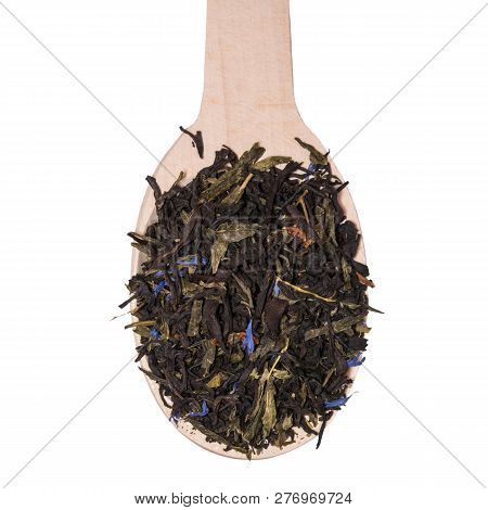 Mix Of Black Tea With Green Sencha Tea And Cornflower Flowers And Strawberry Slices On White Backgro