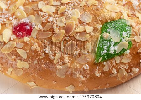 Spanish Typical Epiphany Cake Roscon De Reyes On A Wooden Background