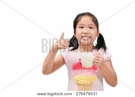 Cute Asian Girl Drinking Fresh Milk Isolated On White Background, Growth And Healthy Concepy