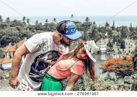 Bali, Indonesia - December 29, 2018: Young Couple At Taman Ujung Water Palace.