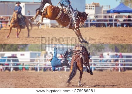 Collage Of Cowboy And Horse Competing In Bucking Saddle Bronc Event At Country Rodeo