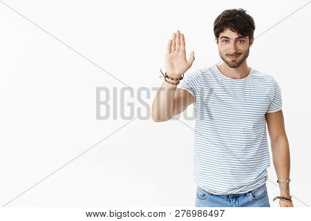 Hi Mate Give High Five. Portrait Of Friendly Outgoing Good-looking Young Masculine Male With Bristle