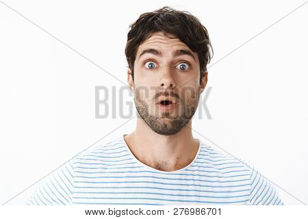 Omg You Kidding. Headshot Of Impressed Speechless And Amazed Handsome Male With Bristle And Blue Eye