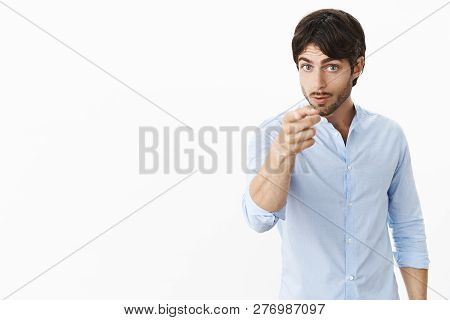 You Better Watch Out. Serious-looking Bossy And Displeased Attractive Male Entrepreneur In Shirt Loo