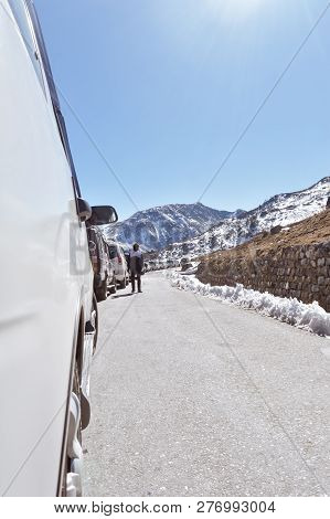 Traffic Jam And Highway Blockage Due To Snowfall At Tsomgo Lake. Tourist Vehicles Lined Up To Climb 