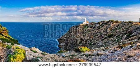 Panorama View Of Lighthouse In Cala Ratjada At Beautiful Rocky Coast On Mallorca, Spain Mediterranea