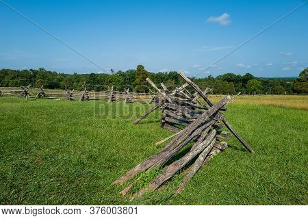 Wide Angle Photo Of Battlefield Barricades In Historic Battlefield National Park In Manassis , Va.